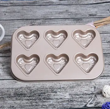 

new arrive 6 hole cake mold heart shape ovenware baking pan baking tray golden heart cake die Teflon cupcake maker baking tools