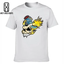 

Creative yellow flame skeleton T shirt pure color T-shirt Men's short sleeves funny Skull Print Cotton Tees Short Sleeve Tops
