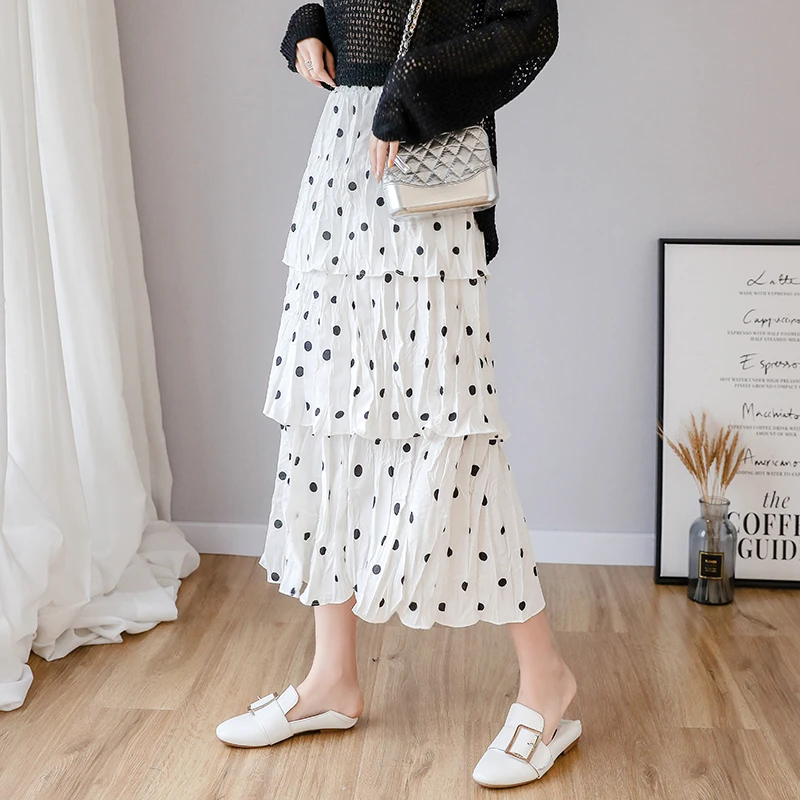 

BGTEEVER Elegant High Waist Polka Dot Women Skirt Layer Fold Ruffles Female Pleated Skirts Streetwear Bottoms 2019 Spring Summer