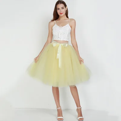 yellow Новая мода, 6 слоев, 65 см, Тюлевая юбка, женская, черная, серая, белая, для взрослых, Тюлевая юбка, эластичная, высокая талия, плиссированная, миди юбка, одежда - Цвет: yellow