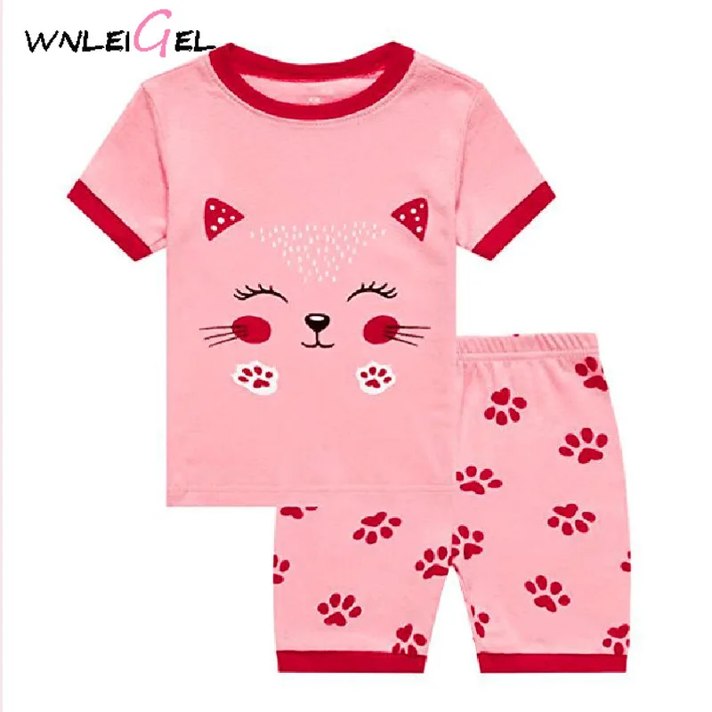 

2PCS WLG girls summer cartoon clothing set kids pink cat printed t shirt and short set baby casual clothes children