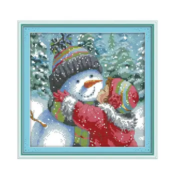 

Winter snow beauty little girl and snowman embroidery cross-stitch figure home fabric sewing wall decorations