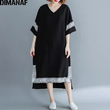 DIMANAF Plus Size Women Dress Vintage Big Size Lady Vestido Elegant Spliced Lace Summer Sundress Loose Female Clothes Black