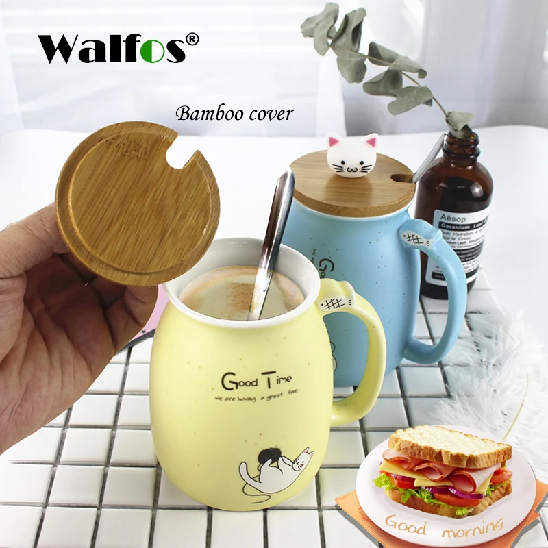 WALFOS новая термостойкая чашка с изображением кунжутного кота, цветная мультяшная чашка с крышкой, керамическая кружка с изображением котенка, молока, кофе, детская чашка