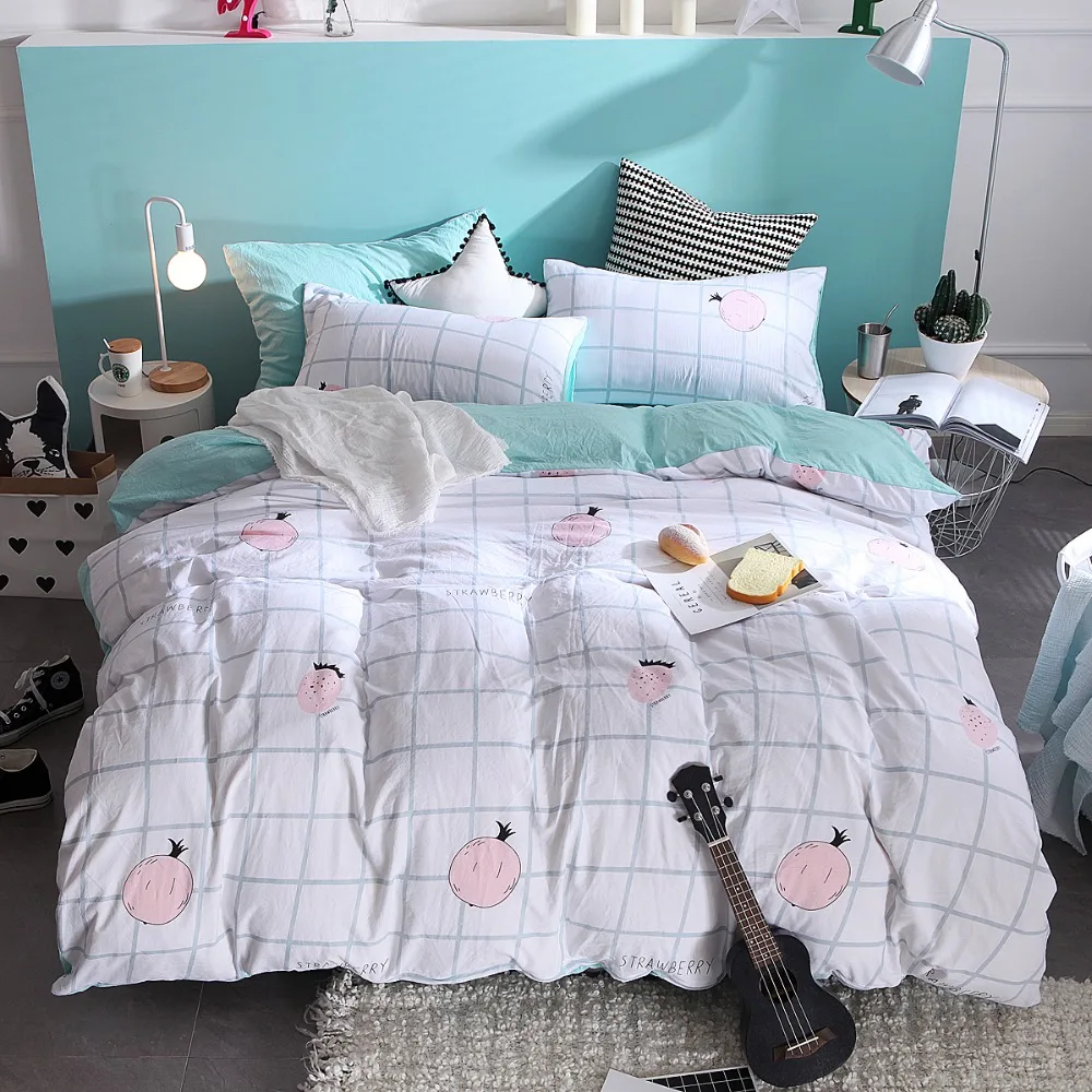 

Simple White Grid +Pink Fruit Pattern Warm Bedding Set 4pc/ 3pc Duvet Cover Bed Sheet Pillowcase Twin/Full/Queen King Size Soft