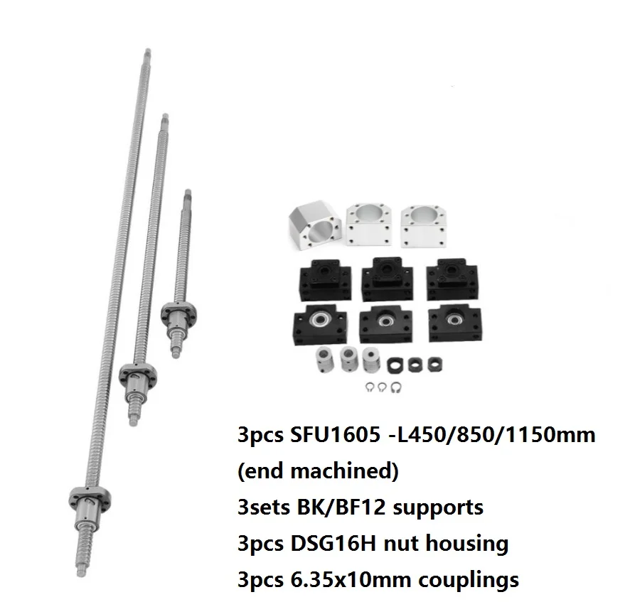 

SFU1605set: 3pcs ball screw RM1605/SFU1605 450/850/1150mm +3pcs nut housing +3sets BK/BF12 supports +3pcs couplings for CNC part