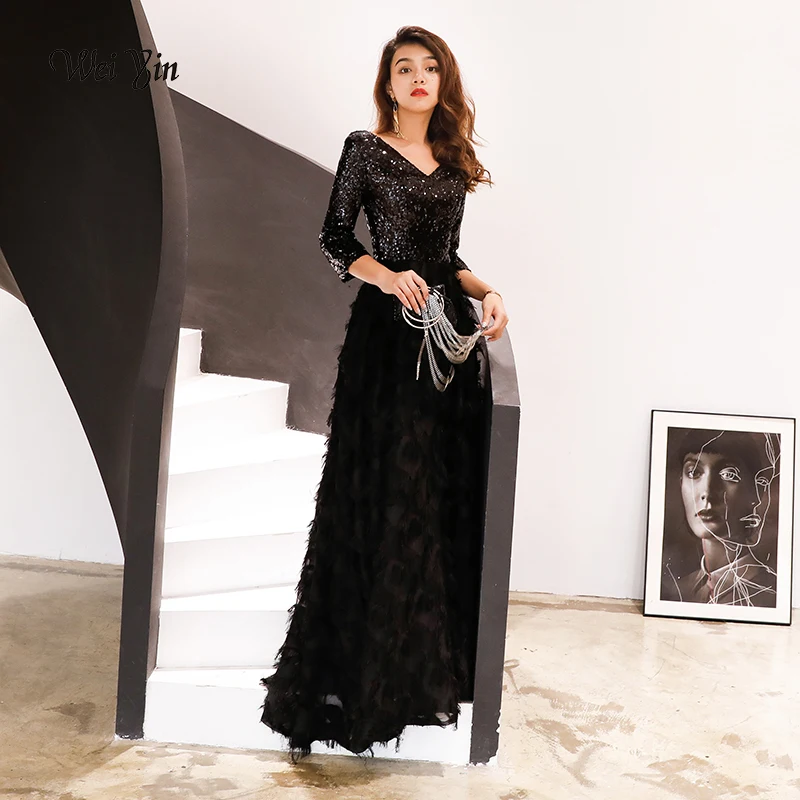 

wei yin Robe De Soiree 2023 New Elegant A Line V Neck Black Lace Long Formal Evening Dresses Sequined Party Gowns WY113