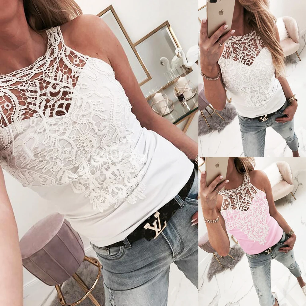 

Hirigin 2019 Summer Women Lace Vest Top Sleeveless Shirt Casual Loose Blouse Tank Tops