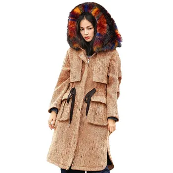 

Women Clothes Overcoat Plus Size Vintage Winter Wool Female Long Outerwear Colour Big Faux Fox Fur Collar Woolen Coat B114