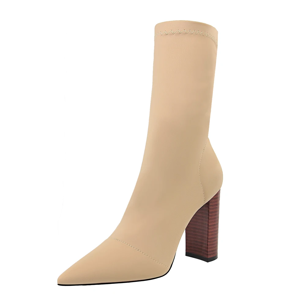 Online D Henlu primavera otoño estiramiento calcetín zapatos mujer calcetín botas media pantorrilla mujer botas Tacón cuadrado Lycra zapatos de número pequeño para mujer
