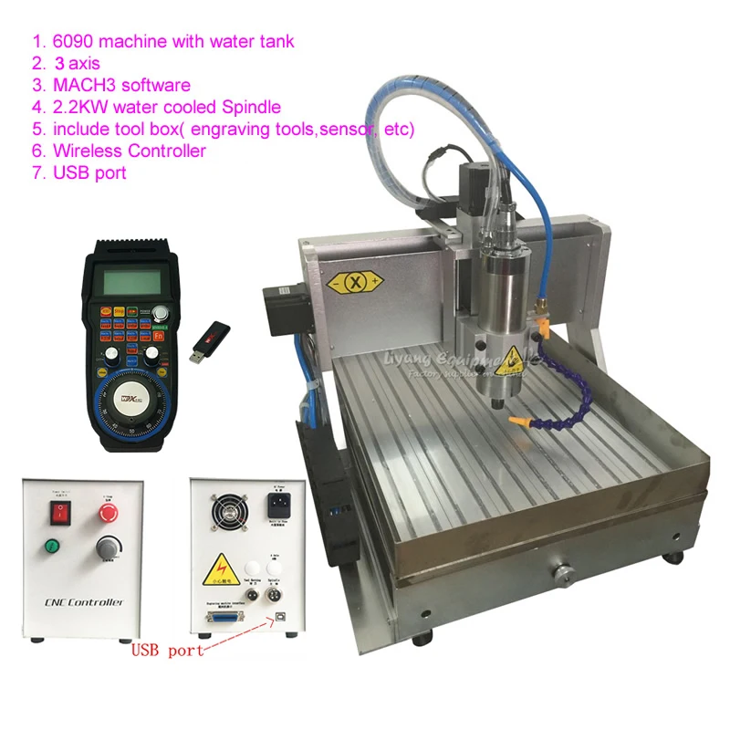 

2200W USB CNC Router Engraver 6090 2.2KW Milling Cutting Machine with Water Tank MACH3 Wireless Handwheel Controller