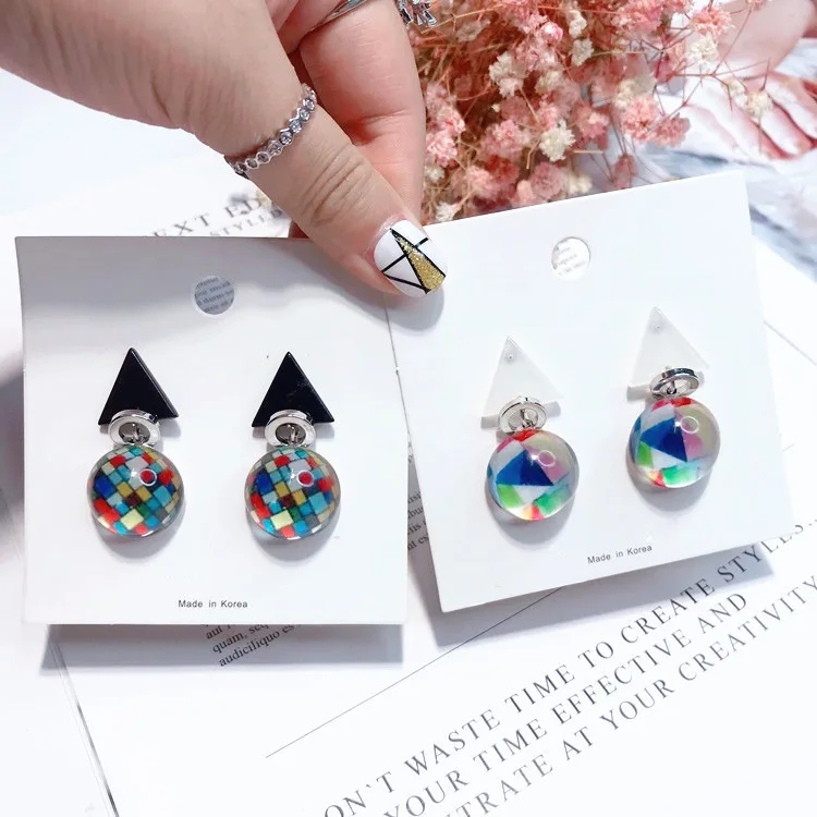 

2019 New Korean Funny Colorful Triangle With Ball Earring, Transparent Glass Earring, Best Quality, Aquare Shaine Earring Gifts