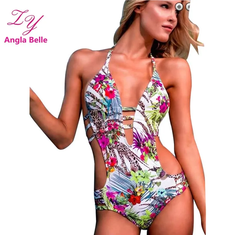 

Lace Floral Print Swimsuit Halter Swimsuit Summer Beachwear Low Waist Brazilian Bathing Suit Wire Free Body Suit 2082
