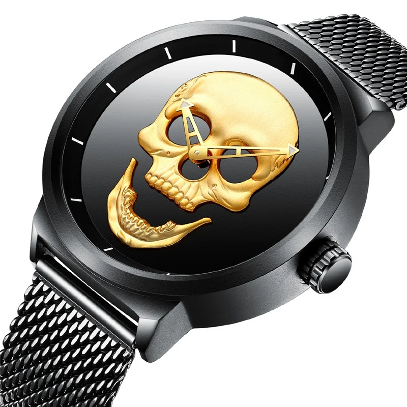 

Mens Unique Skeleton Skull Head Waterproof Watches Luxury Brand Men Black Gold Sport Wrist Watch Stainless Steel Mesh Band Clock