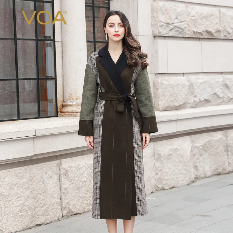 

VOA British Plaid Wool Coat Women Belt Wrap Long Overcoat Winter Ladies Outerwear Streetwear casaco abrigos mujer Female SA8367