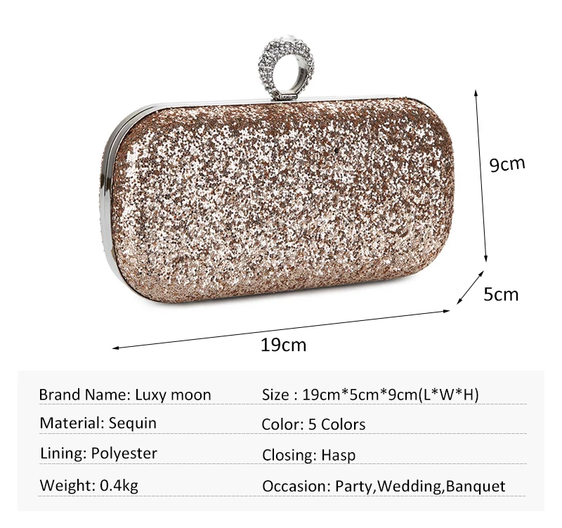 Taille de la pochette Luxy Moon Champagne à sequins