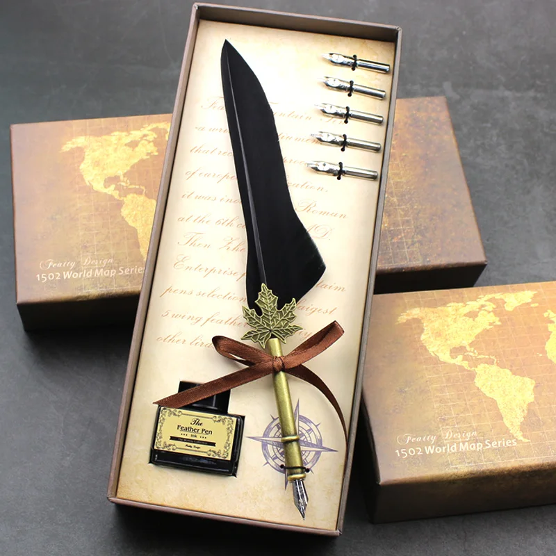 Featty Feather Quill Metal Nib Dip Pen Writing Ink Set With Gift Box