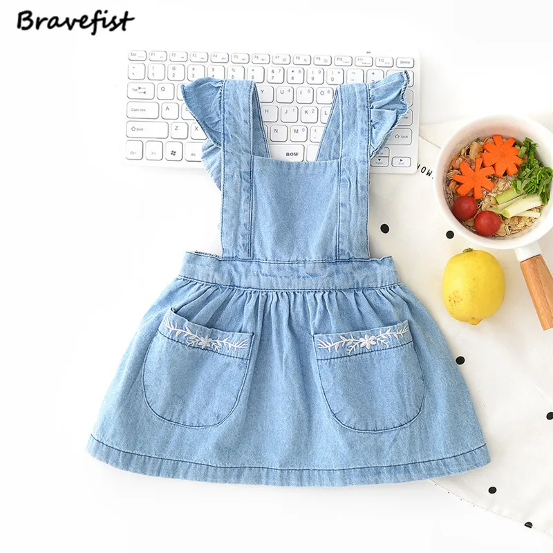 Blue Baby Gils Jeans Dresses Flounce Design With Pockets Decorate Kids