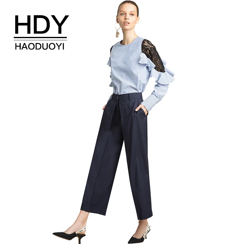 HDY Haoduoyi женские брюки длинные свободные капри плиссированные однотонные синие 2017