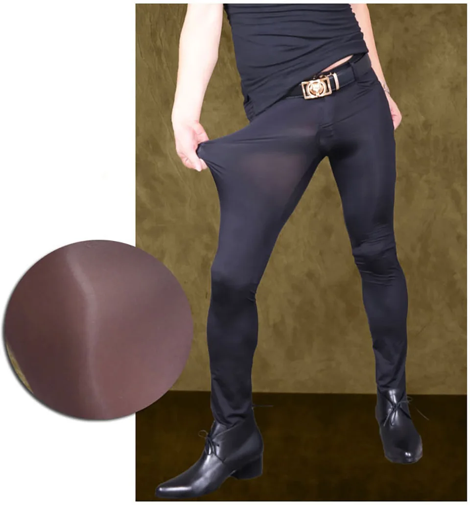 Сексуальные однотонные мужские штаны, ледяной шелк, прозрачные, высокие, эластичные, обтягивающие, длинные брюки, обтягивающие, узкие брюки, Клубная одежда для геев