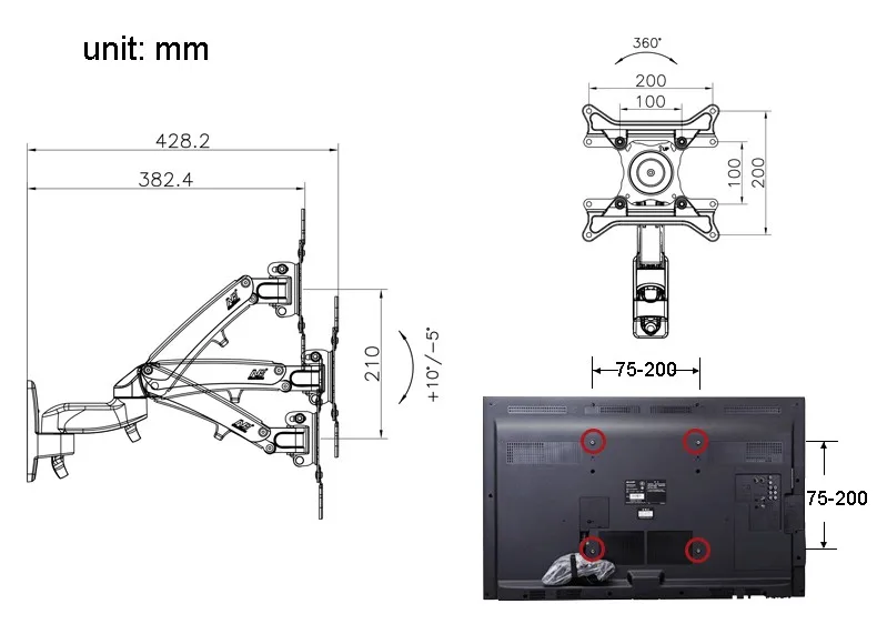 NB F300 газовая пружина 360 градусов 30-4" ТВ настенное крепление ЖК-монитор держатель алюминиевый зеркальный полированный кронштейн