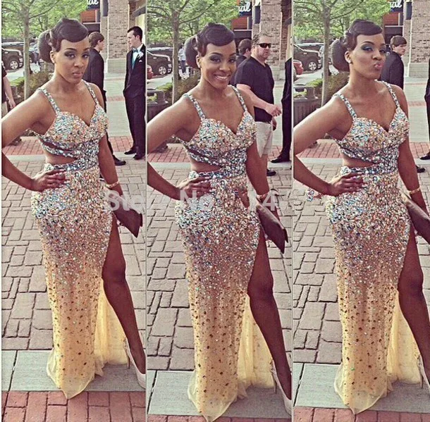 

Sparkling Sexy V-neck Open Back Sleeveless See Through Tulle Full With Crystals Beaded Long Pageant Prom Dresses High Thigh Slit