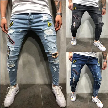 

Men Skinny Jeans Masculino Streetwear Mens Biker Jeans European Medal Embroidered Hole Design Pants Slim Fit Jean Homme 2019