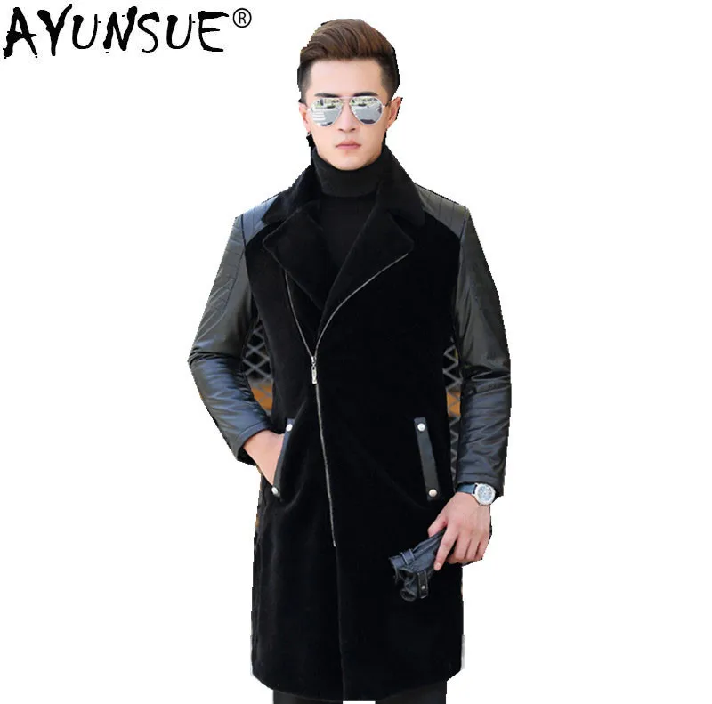 

AYUNSUE Natural Sheep Shearling Fur Coats Winter Jacket Men Genuine Sheepskin Leather Long Jackets Plus Size Coat 16019 MY751
