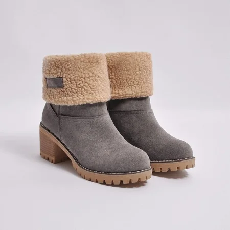 BANGJIAO/; женские ботинки; женская зимняя обувь; женские теплые зимние ботинки на меху; ботильоны на квадратном каблуке; bota feminina; botas mujer - Цвет: Серый