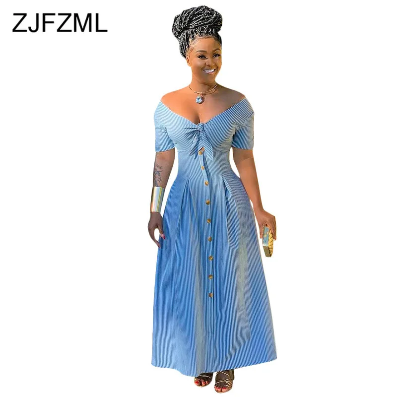 

Blue White Striped Summer Long Dress 2019 Women Deep V Neck Short Sleeve Fit And Flare Dress Elegant Bow Buttons Up Party Dress