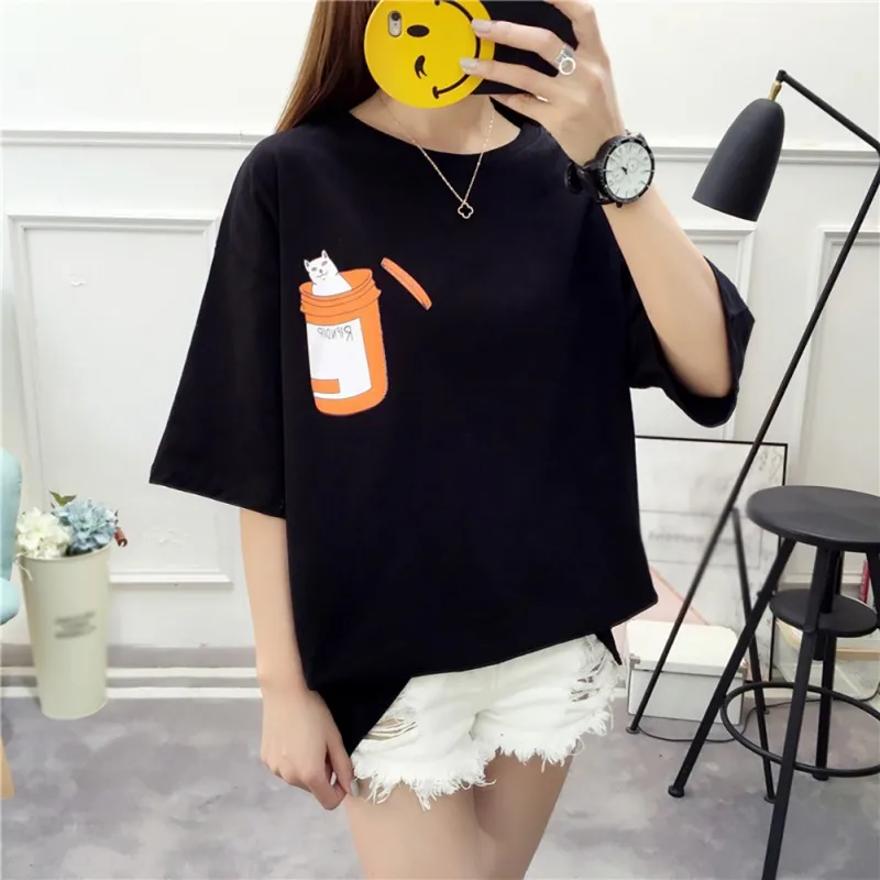 

2019 women's Korean version of the round neck T-shirt cartoon cat print short-sleeved loose casual fashion pullover T-shirt