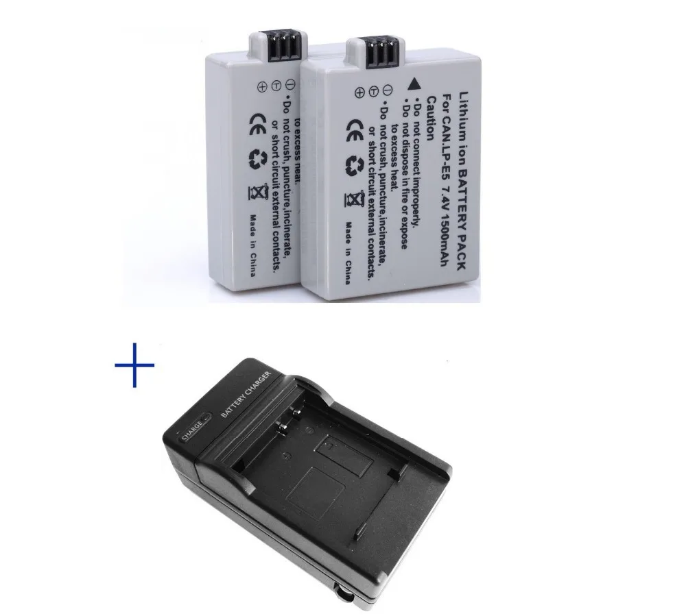 2pcs 1500mah Lpe5 Lpe5 Lp E5 Camera Battery Batteries Akku + Charger