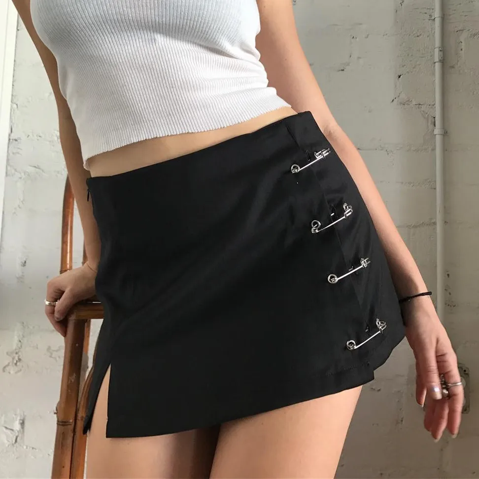 

High Waist 90s Side Split Pin Mini Skirt black Saia Skirts