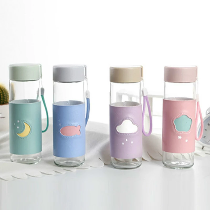 

Transparent Glass Water Bottle 370ml Originality Stars Bring Cover Student Outdoors Rope Cup With Protective Silica Gel Coat