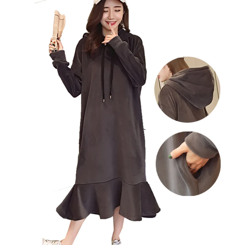 

Maternity Plus Size Hoodie Dresses Winter Thick Casual Loose Long Sweatshirt M-3XL Hoody Mid-Calf Korean Fashion Pregnant Dress