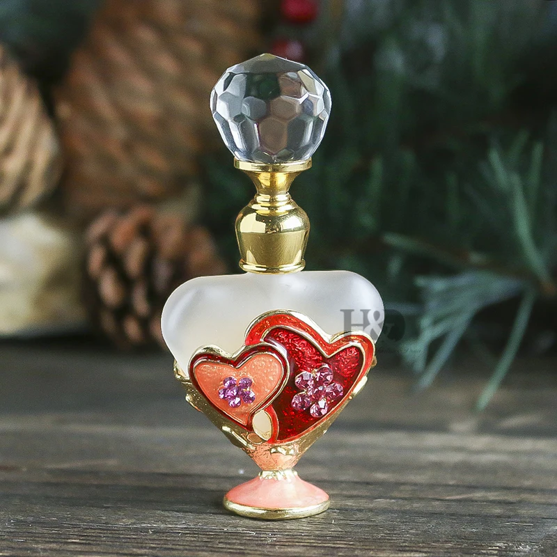 H&D Decorative Perfume Bottle with Metal Base Adorned with Double Heart