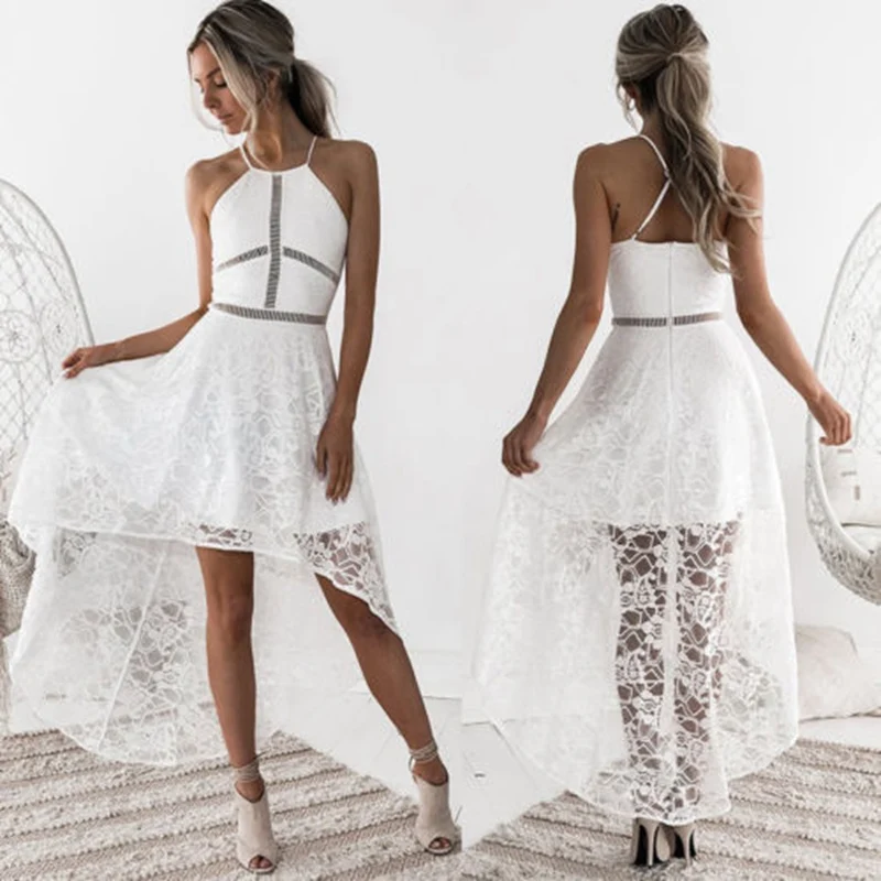 

2018 Women New Fashion Formal Elegant Solid Lace Floral Spaghetti Strap Irregular Halter Hollow Out Sleeveless Summer Dress Hot