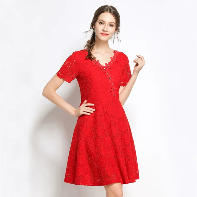 

2018 Woman Lace Dress Plus Size M-5XL Loose Maternity Clothes Casual Pregnancy Dresses Elegant OL Dress Floral Beading Diamonds