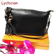Women classic first layer real genuine leather shoulder bag ladies messenger handbags Lychee pattern fashion tassel decoration