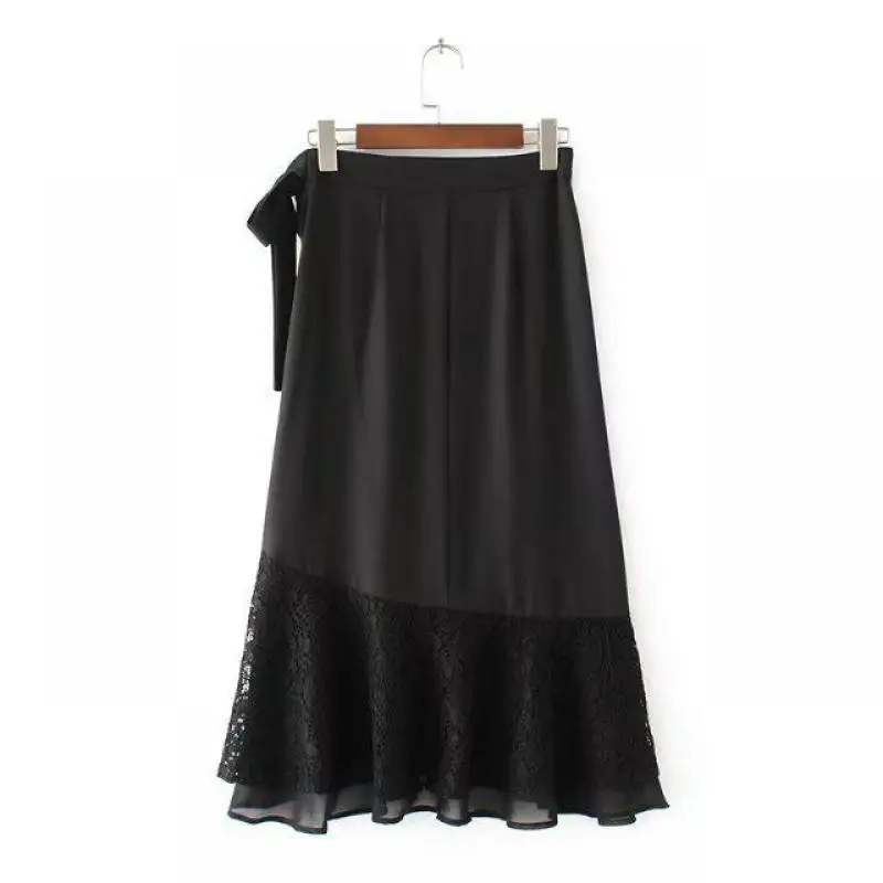 2019 Весна новое поступление элегантная кружевная юбка декоративный ламинат на шнуровке черная юбка с высокой талией Женская юбка