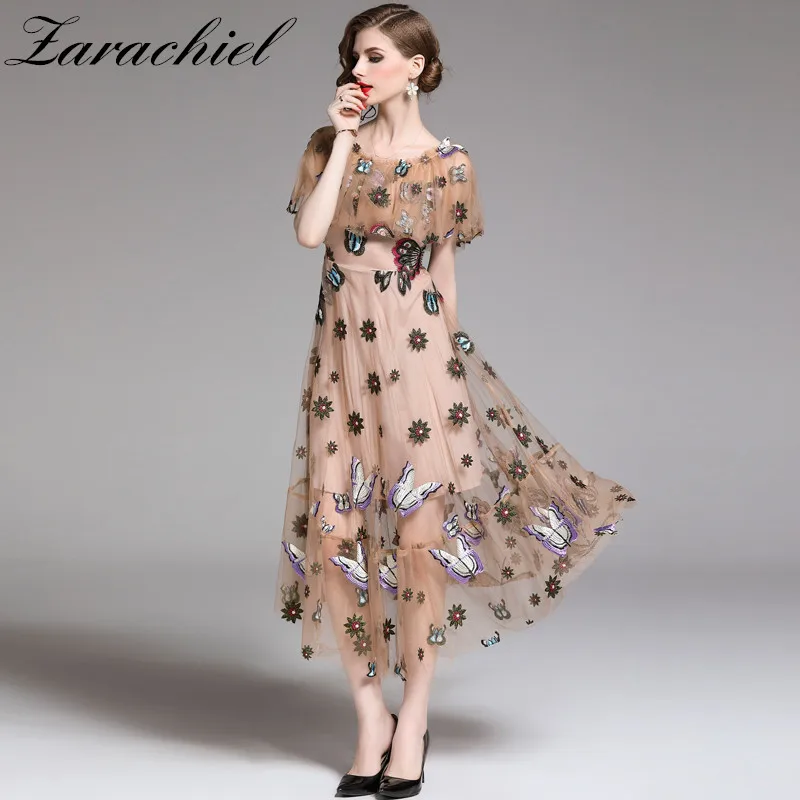 

2019 Summer Runway Women Floral Butterfly Embroidery Long Dress Sheer Mesh Vintage A-line See-through Cloak Sleeve Vestidos