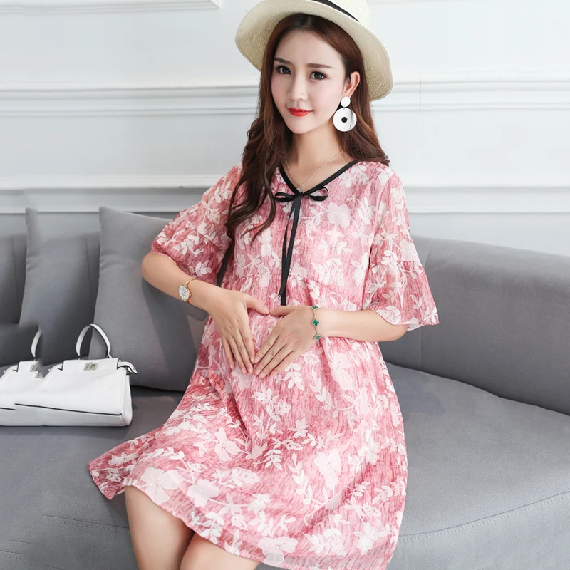 Floral Printed Chiffon Maternity Nursing Dress Summer Boho Beach Long Breastfeeding Dress Clothes for Pregnant Women