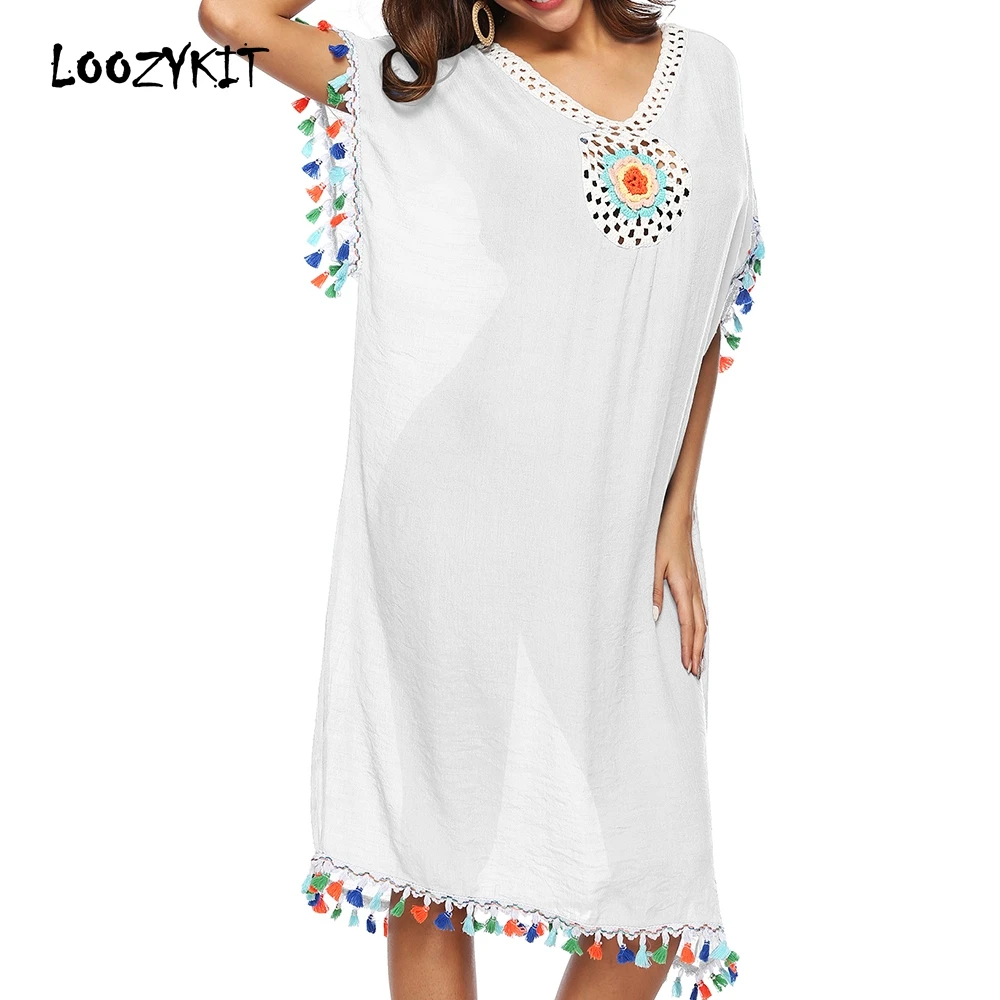 

Loozykit 2019 Women Beach Dress V Neck Bikini Cover Up White Loose Swimwear Sun Protection Clothing Summer Family Sundress