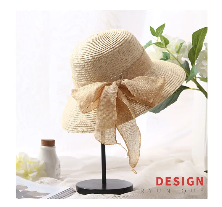 Новая Корейская женская Рыбацкая шляпа Женская Солнцезащитная шляпа с бантом, соломенная шляпа для отдыха на открытом воздухе, Пляжная Солнцезащитная шляпа, женская шапка, складная