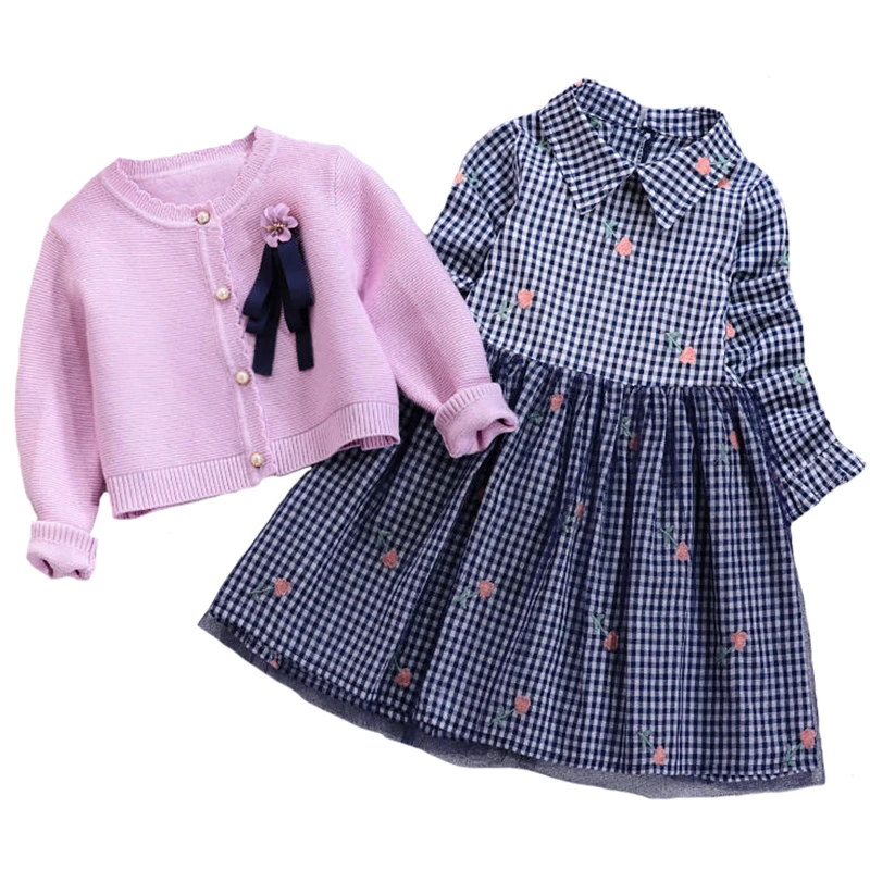 

Children's Sets Autumn Girls Dress Sets Kids Sweater Coats + Cotton Plaid Dresses 2pcs Sets Long Sleeve Children Princess Suit
