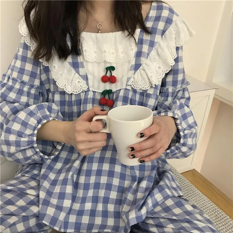 Пижамный комплект в клетку для женщин Милая принцесса симпатичная Хлопковая