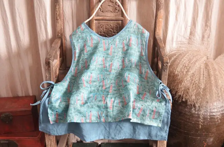 YoYiKamomo рубашка с принтом из хлопка и льна для женщин летние макси летняя Оригинальная блузка без рукавов Винтаж Топы - Цвет: Синий