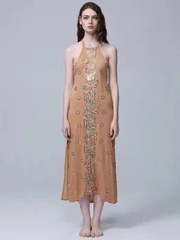 

Summer new Bohemian travel holiday beach dress hanging neck back sexy dress fine embroidery sequins long dress