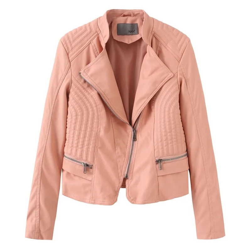 NXH faux leather jackets women Turn-down Collar moto biker jacket plus size women coat spring autumn fashion streetwear skyblue