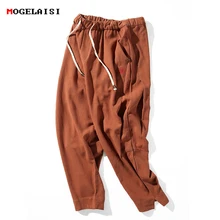 Новые мужские льняные штаны с вышивкой карпа, с буквенным принтом, по щиколотку, одноцветные Мужские штаны со средней талией, Модные шаровары на завязках, M-3XL